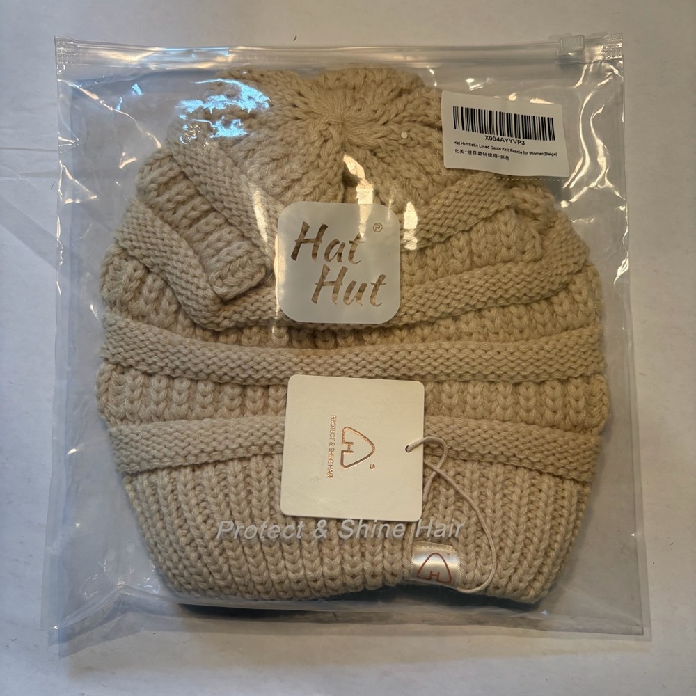 NWT Hat Hut Satin-Lined Oatmeal Color Warm Beanie Winter Cap Protect &Shine Hair